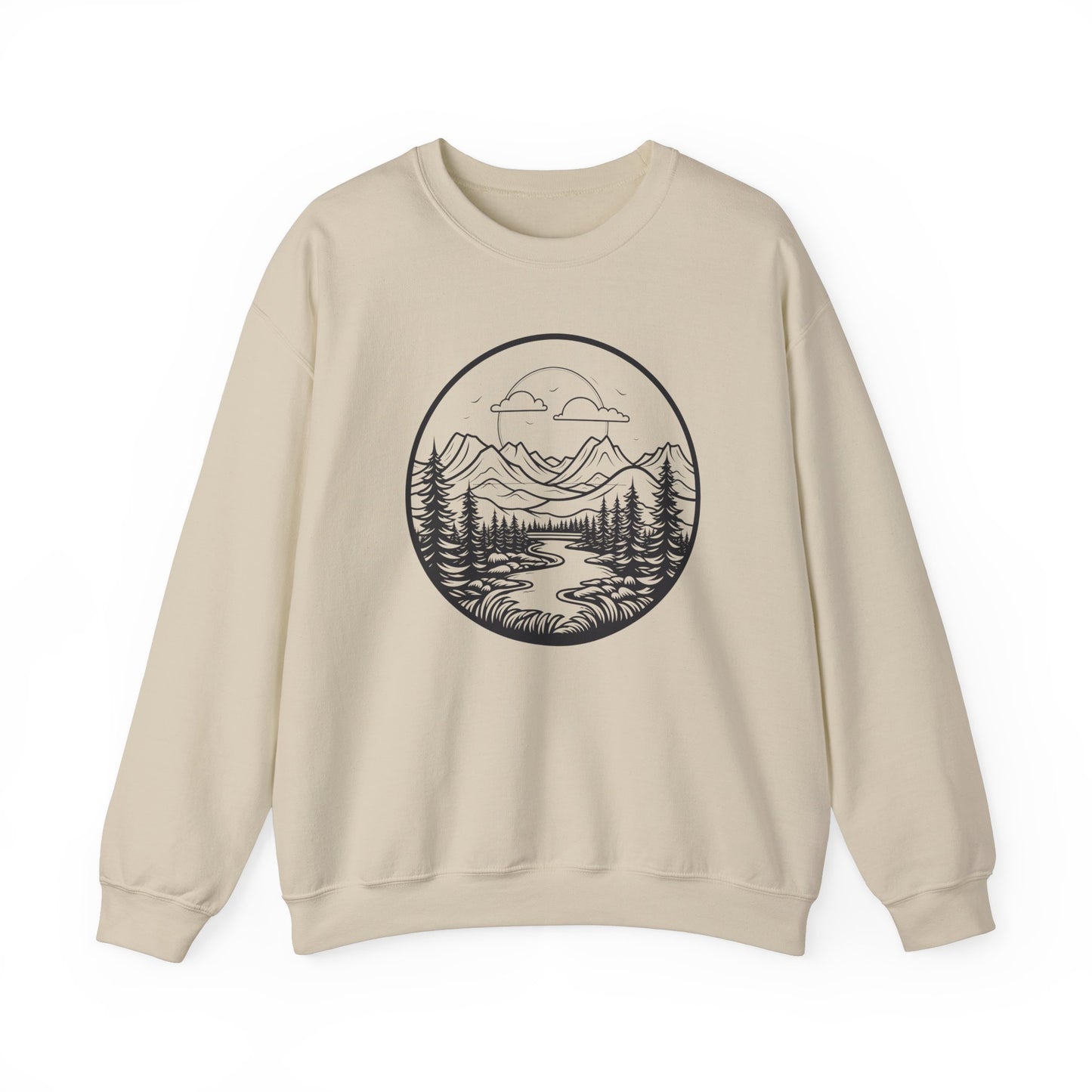 Nature-Inspired Unisex Crewneck Sweatshirt - Scenic Mountain and River Design