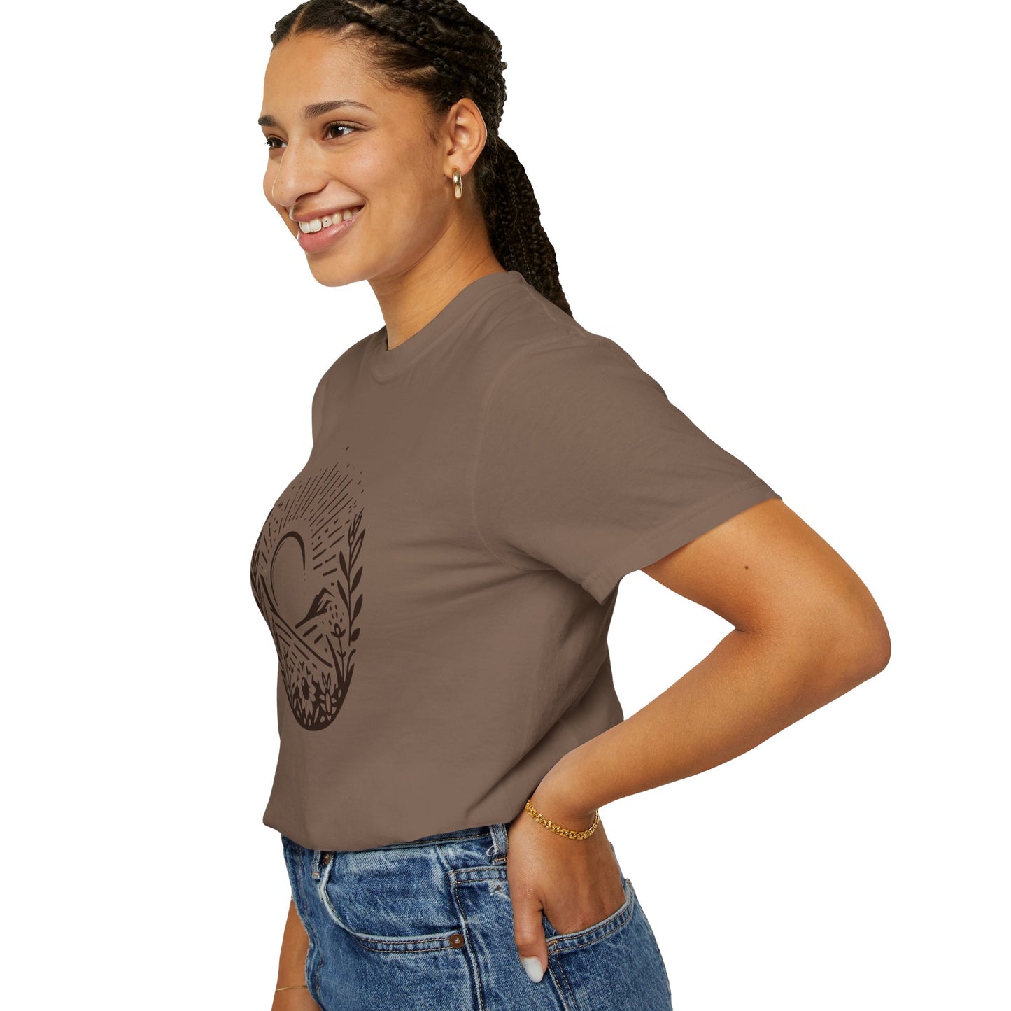 Unisex Garment-Dyed T-Shirt with Sunset and Floral Design - Relaxed Vibe for Nature Lovers