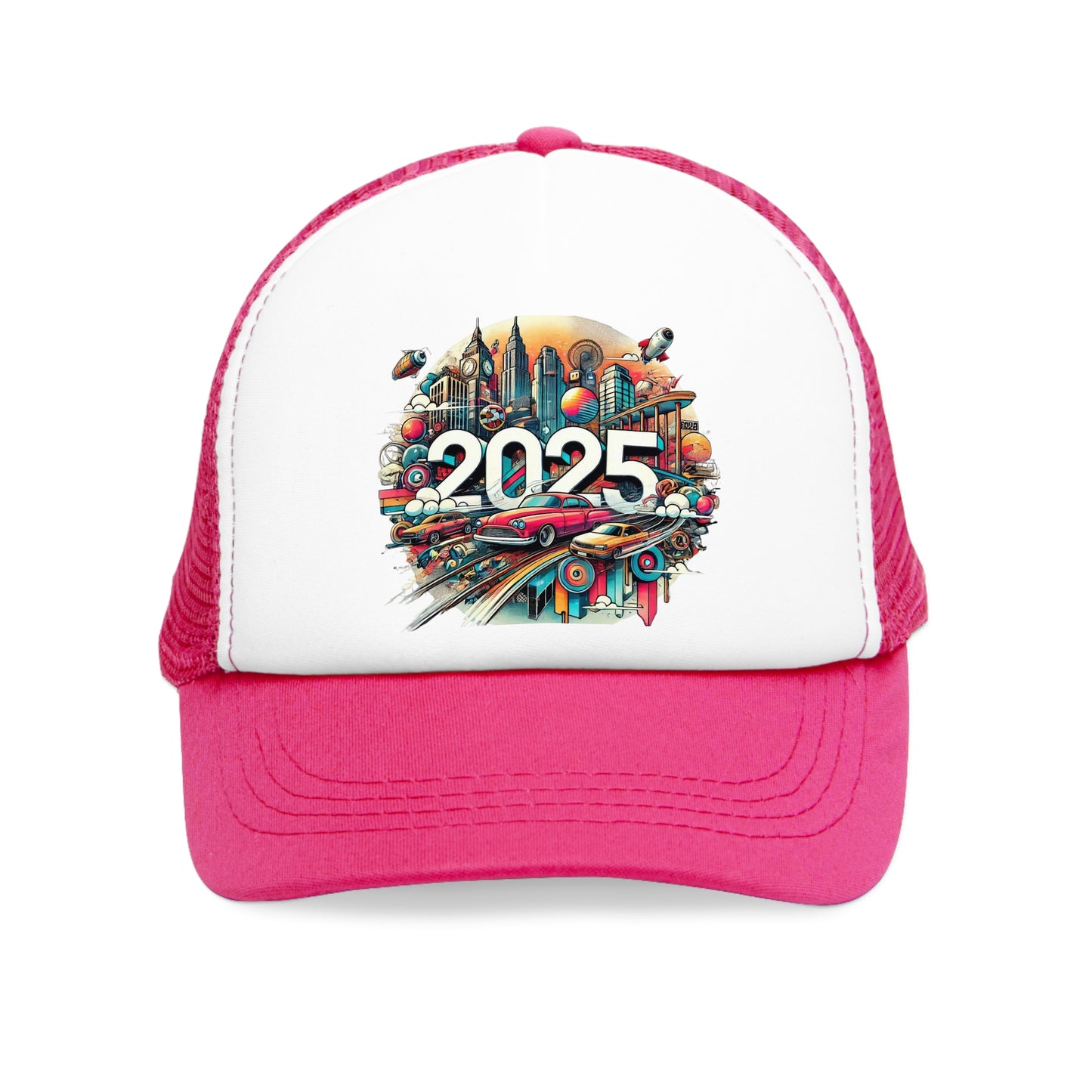 New Years Retro Futuristic Mesh Cap – 2025 Cityscape Design