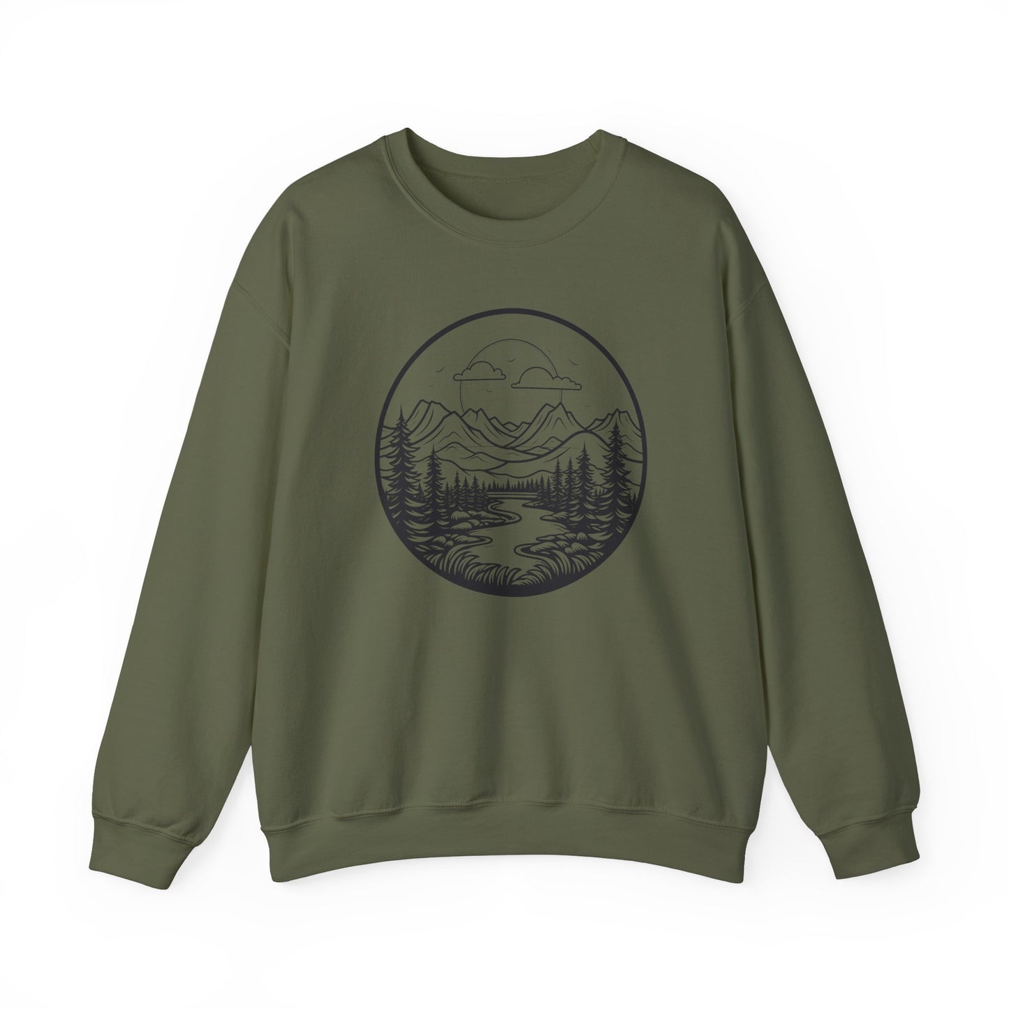 Nature-Inspired Unisex Crewneck Sweatshirt - Scenic Mountain and River Design