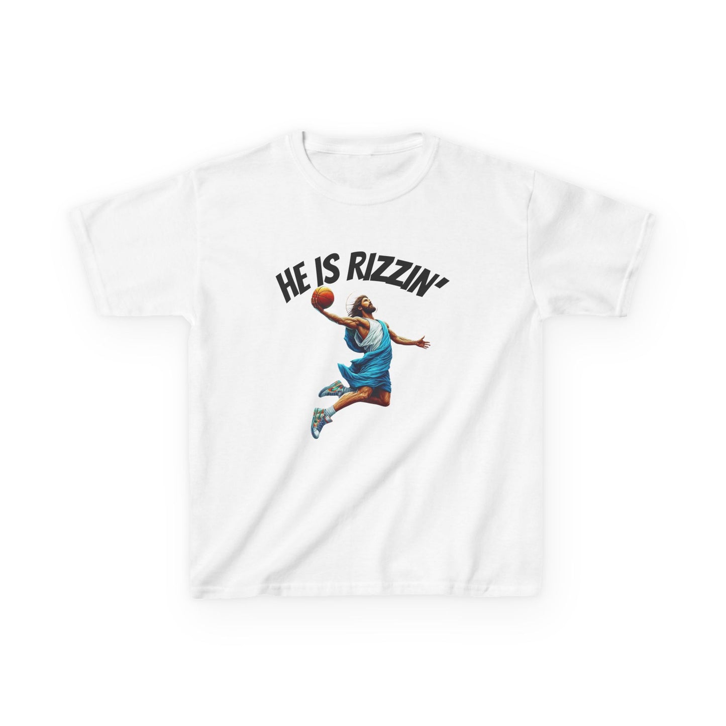 Kids Basketball Tee - "He Is Rizzin'" Heavy Cotton T-Shirt for Young Athletes
