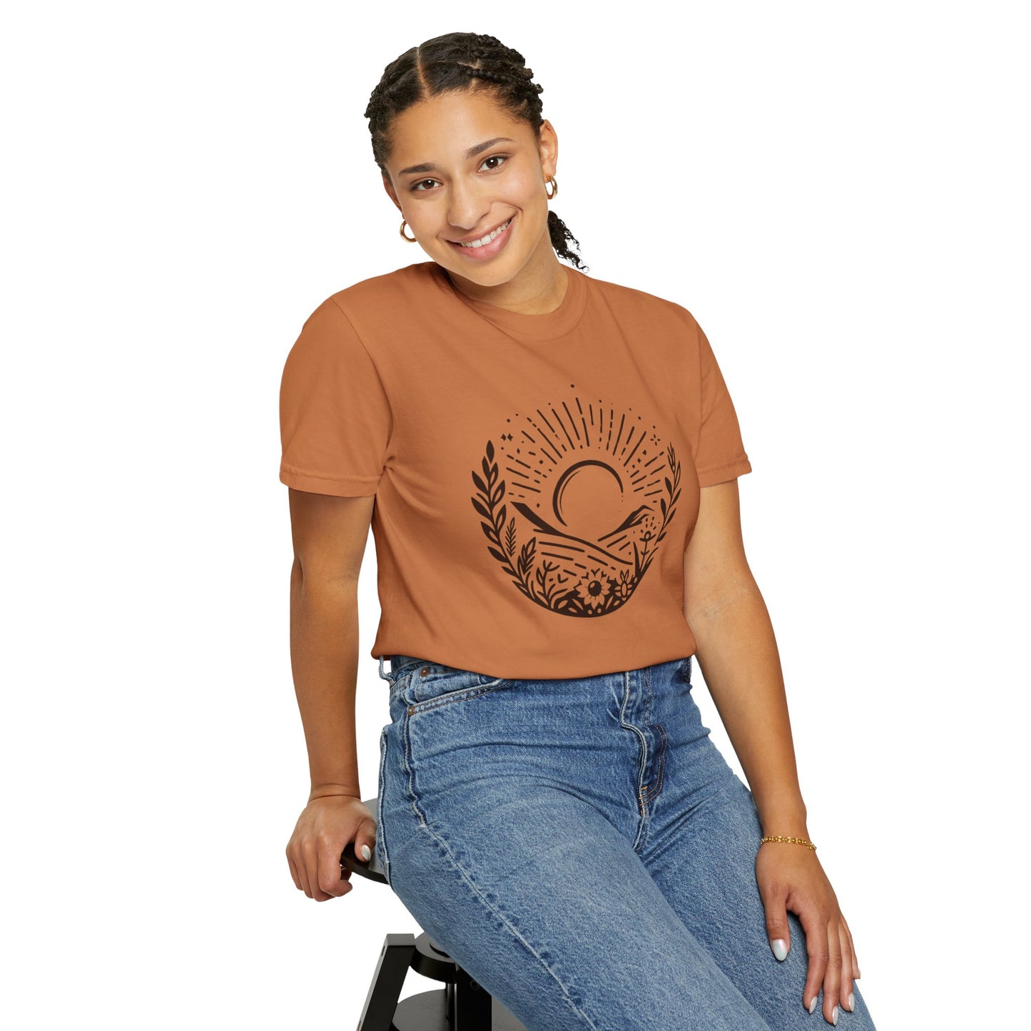 Unisex Garment-Dyed T-Shirt with Sunset and Floral Design - Relaxed Vibe for Nature Lovers