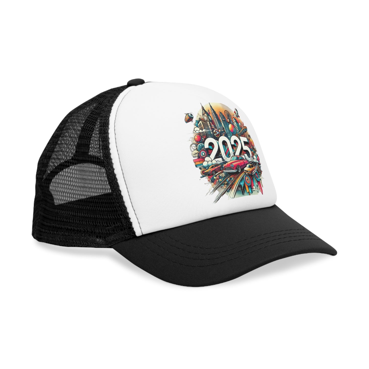 New Years Retro Futuristic Mesh Cap – 2025 Cityscape Design