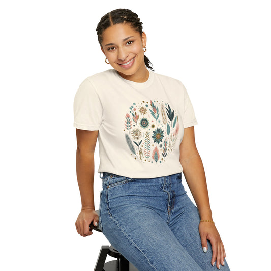 Botanical Print Unisex Garment-Dyed T-Shirt - Casual Floral Graphic Tee