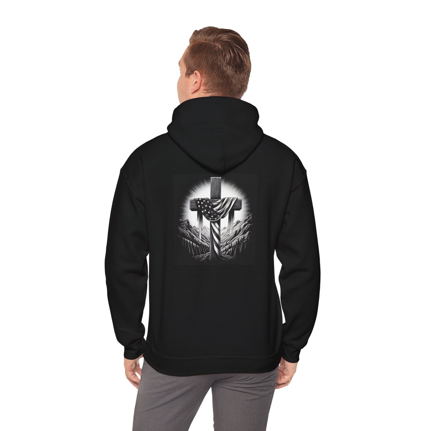 Patriotic Faith Hoodie - Unisex Heavy Blend™ Sweatshirt with Cross & American Flag Design