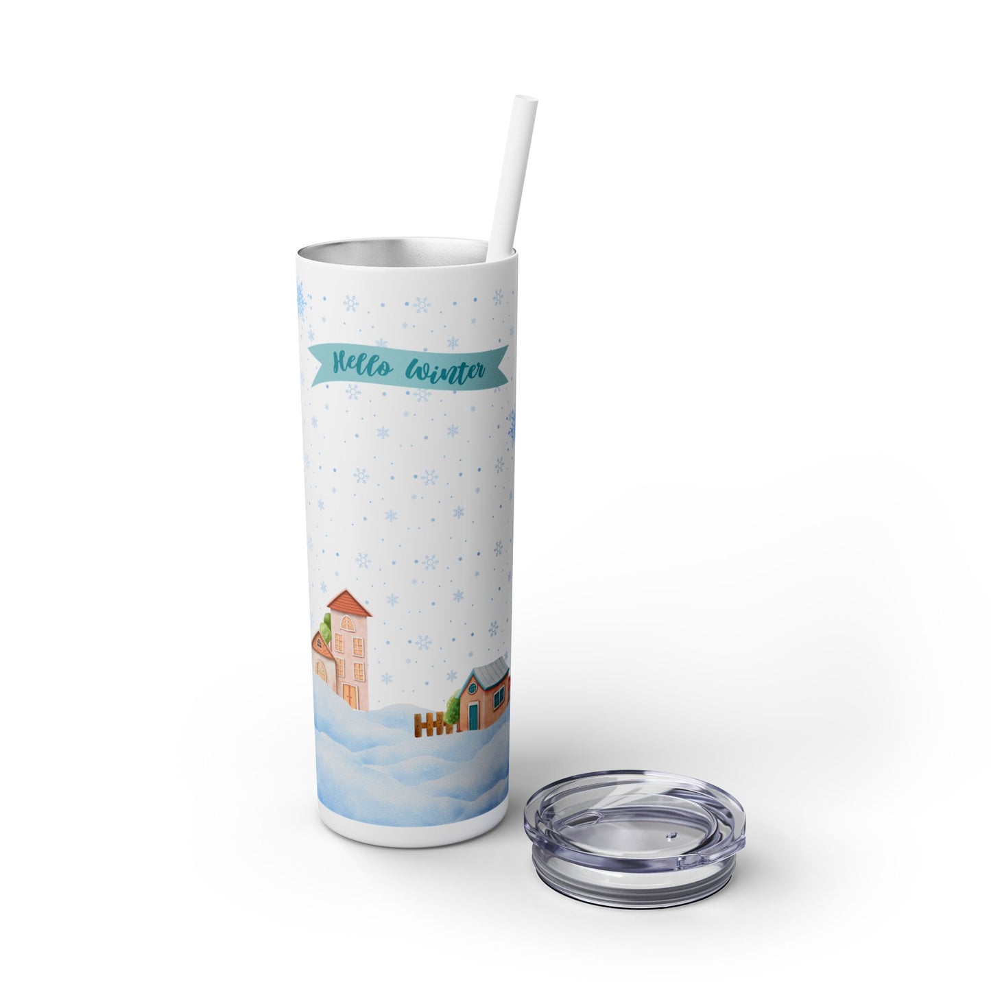 Hello Winter 20oz Skinny Tumbler with Straw - Cozy Holiday Travel Mug