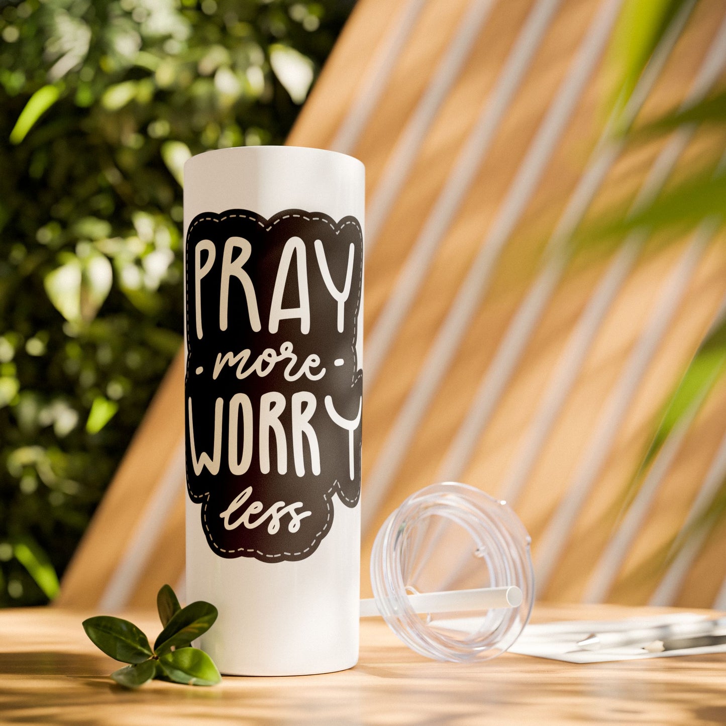 20oz Motivational Skinny Tumbler with Straw - "Pray More, Worry Less"