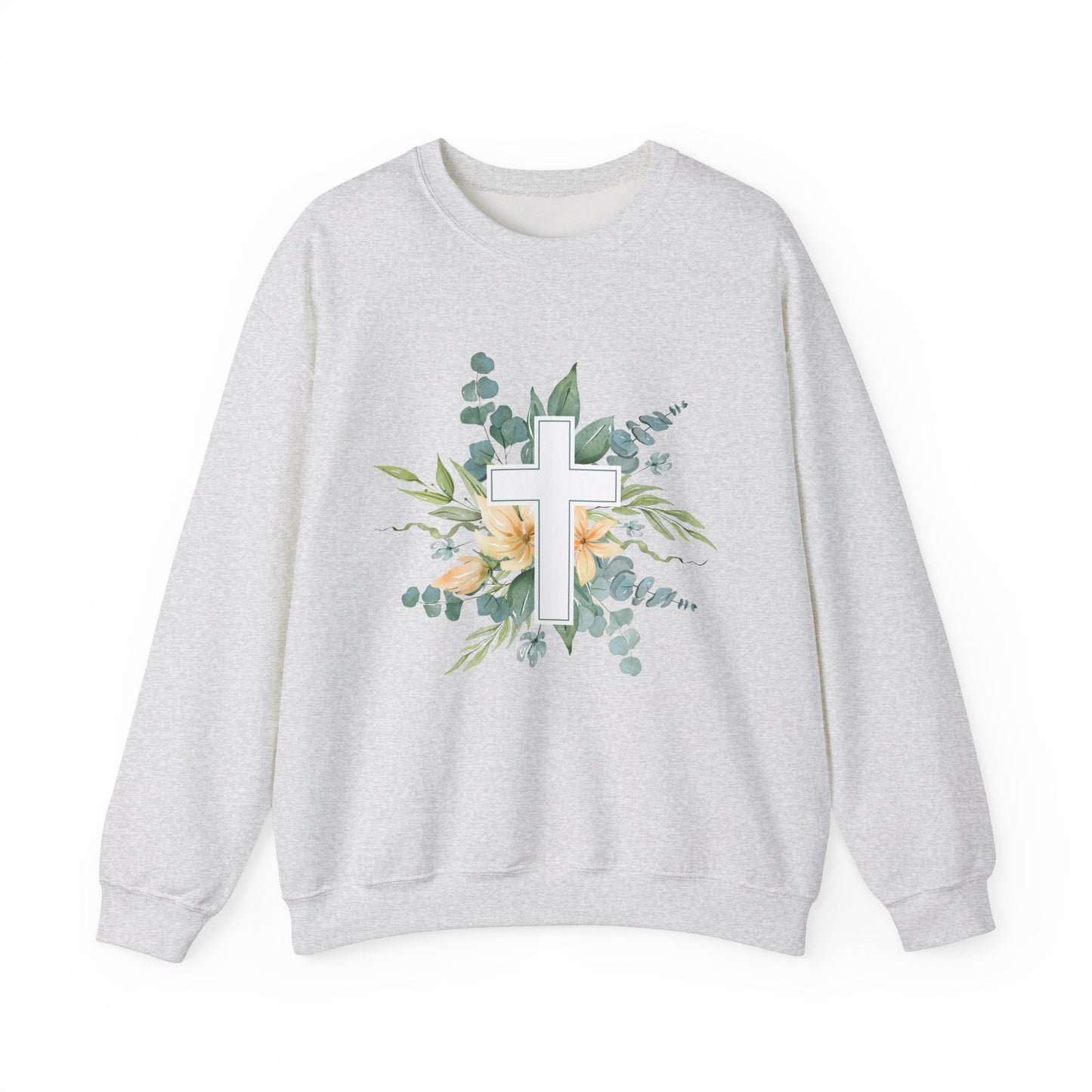 Floral Cross Sweatshirt - Unisex Heavy Blend™ Crewneck for Faith & Comfort