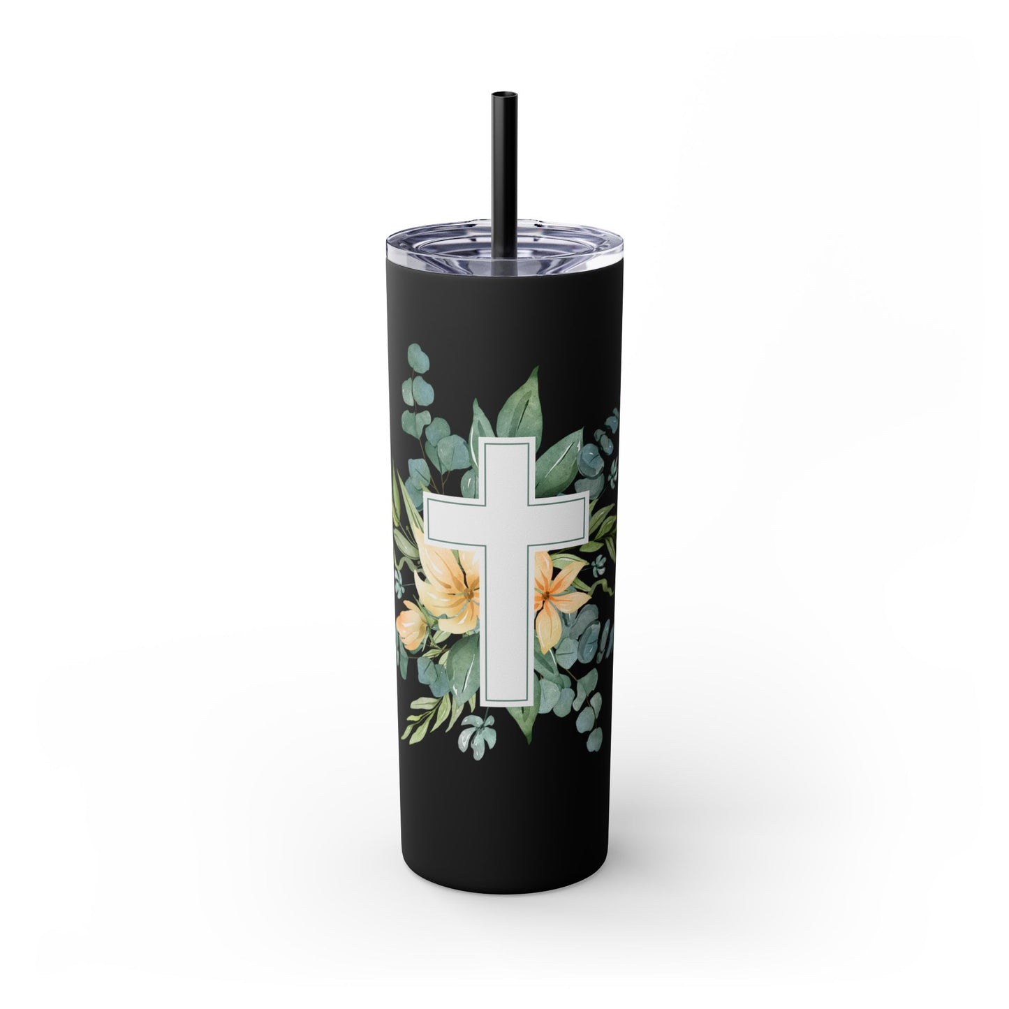 Floral Cross Skinny Tumbler with Straw, 20oz