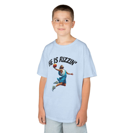 Kids Basketball Tee - "He Is Rizzin'" Heavy Cotton T-Shirt for Young Athletes