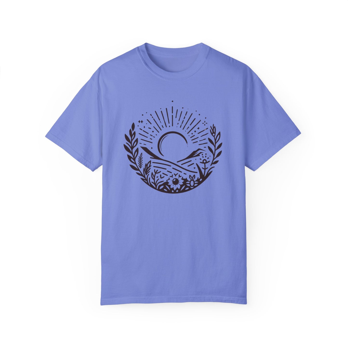 Unisex Garment-Dyed T-Shirt with Sunset and Floral Design - Relaxed Vibe for Nature Lovers