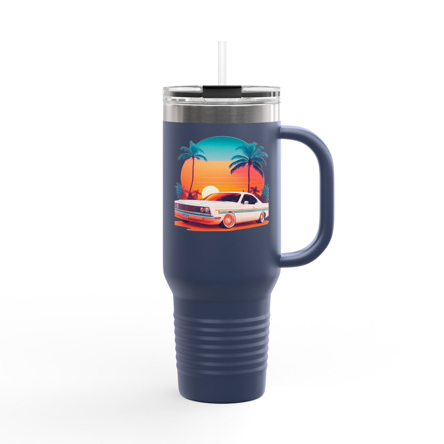 Classic Car Tropical Vibes Insulated Travel Mug - 40oz with Palm Trees and Sunset Design