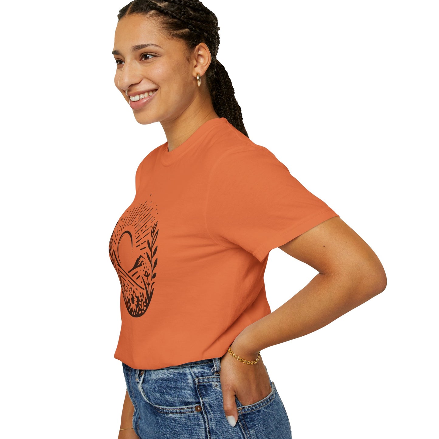 Unisex Garment-Dyed T-Shirt with Sunset and Floral Design - Relaxed Vibe for Nature Lovers