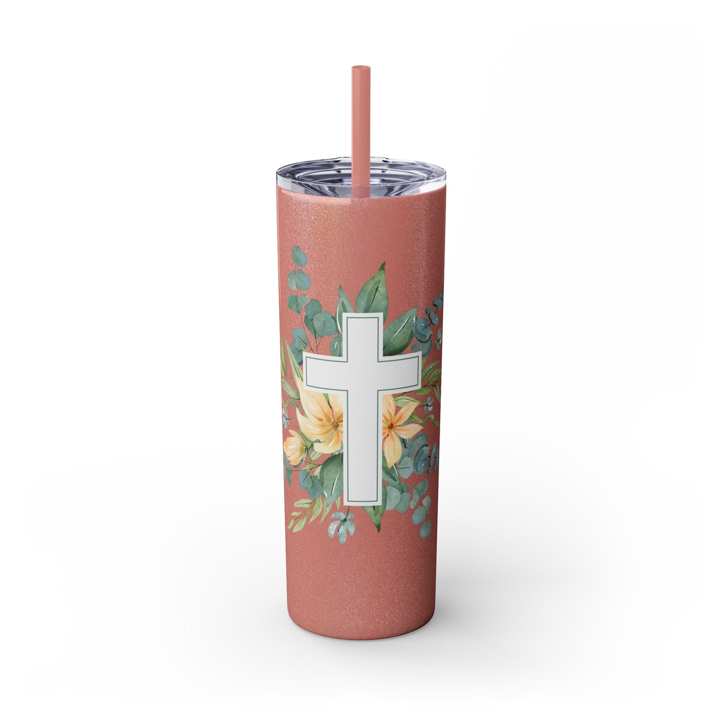 Floral Cross Skinny Tumbler with Straw, 20oz