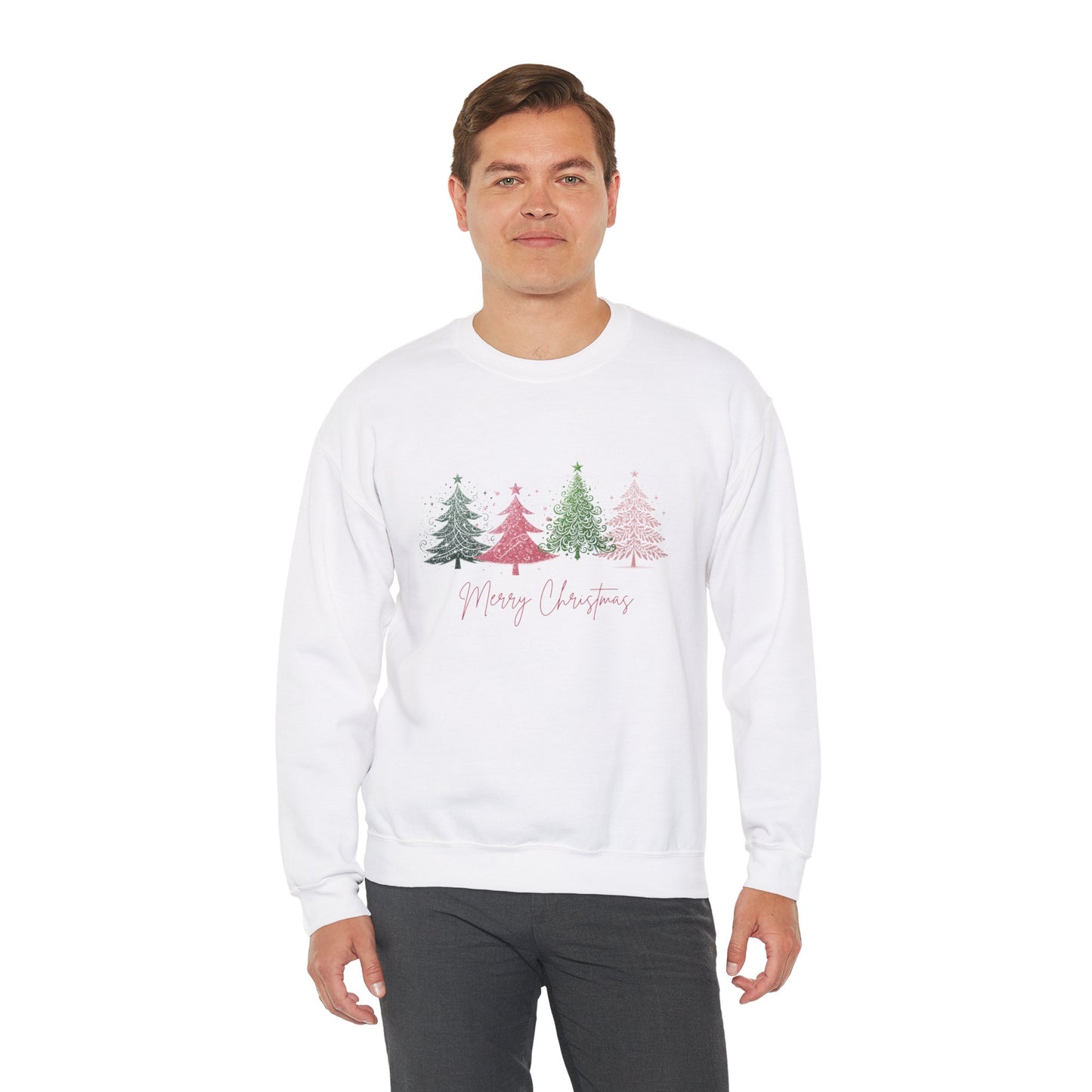 Merry Christmas with Cute Trees Sweatshirt - Unisex Heavy Blend Crewneck with Festive Tree Design