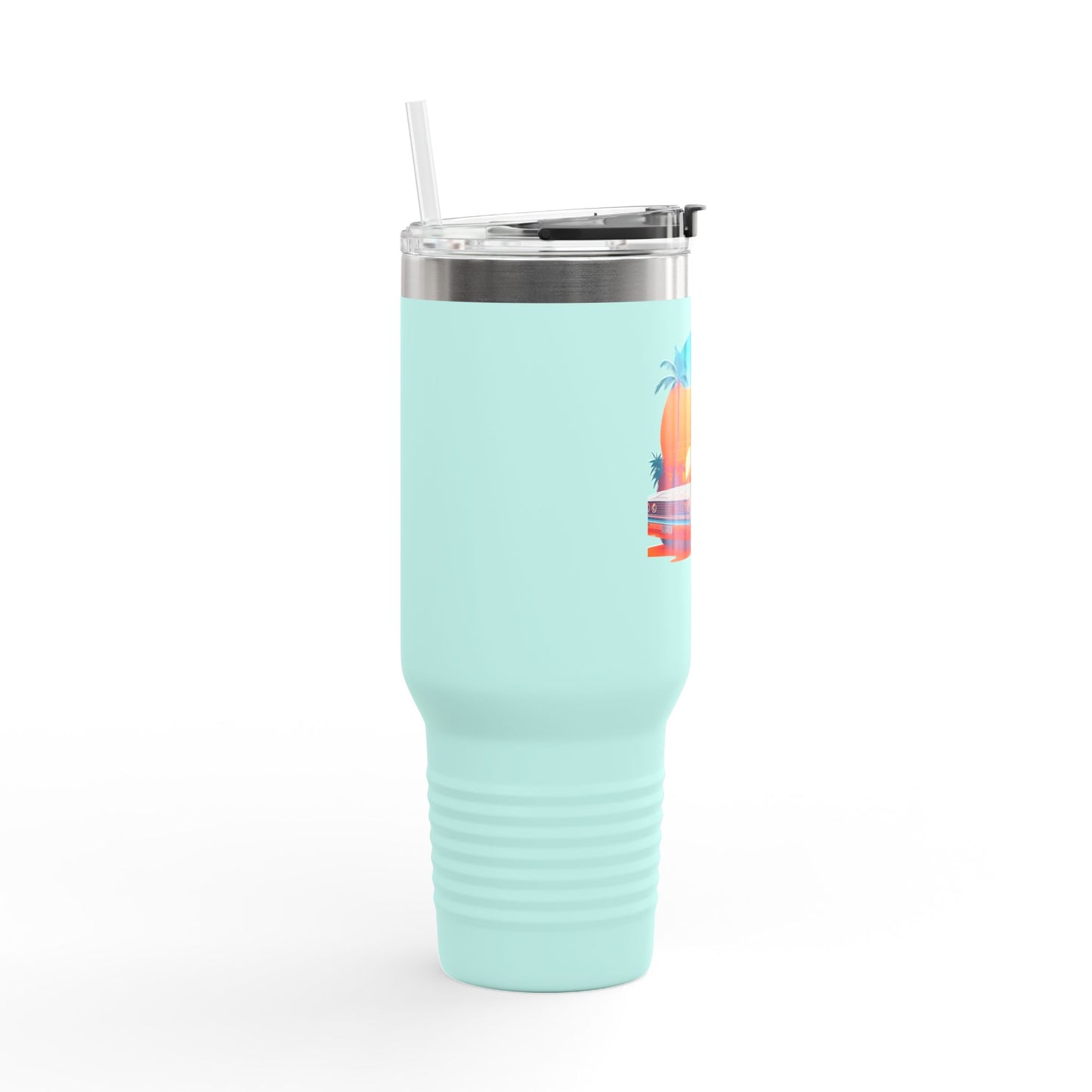 Classic Car Tropical Vibes Insulated Travel Mug - 40oz with Palm Trees and Sunset Design