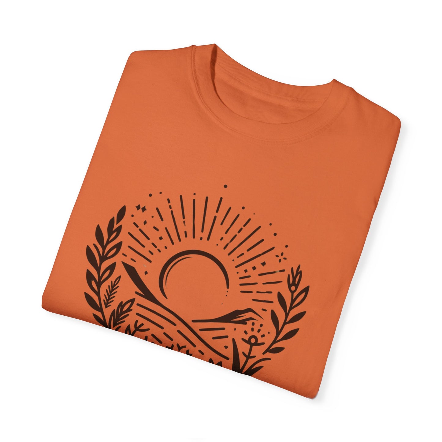 Unisex Garment-Dyed T-Shirt with Sunset and Floral Design - Relaxed Vibe for Nature Lovers