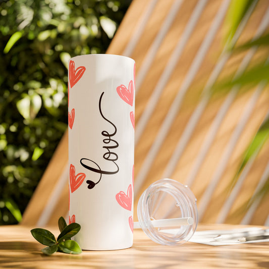 Love Hearts Skinny Tumbler with Straw - 20oz | Perfect for Valentine's Day & Everyday Use