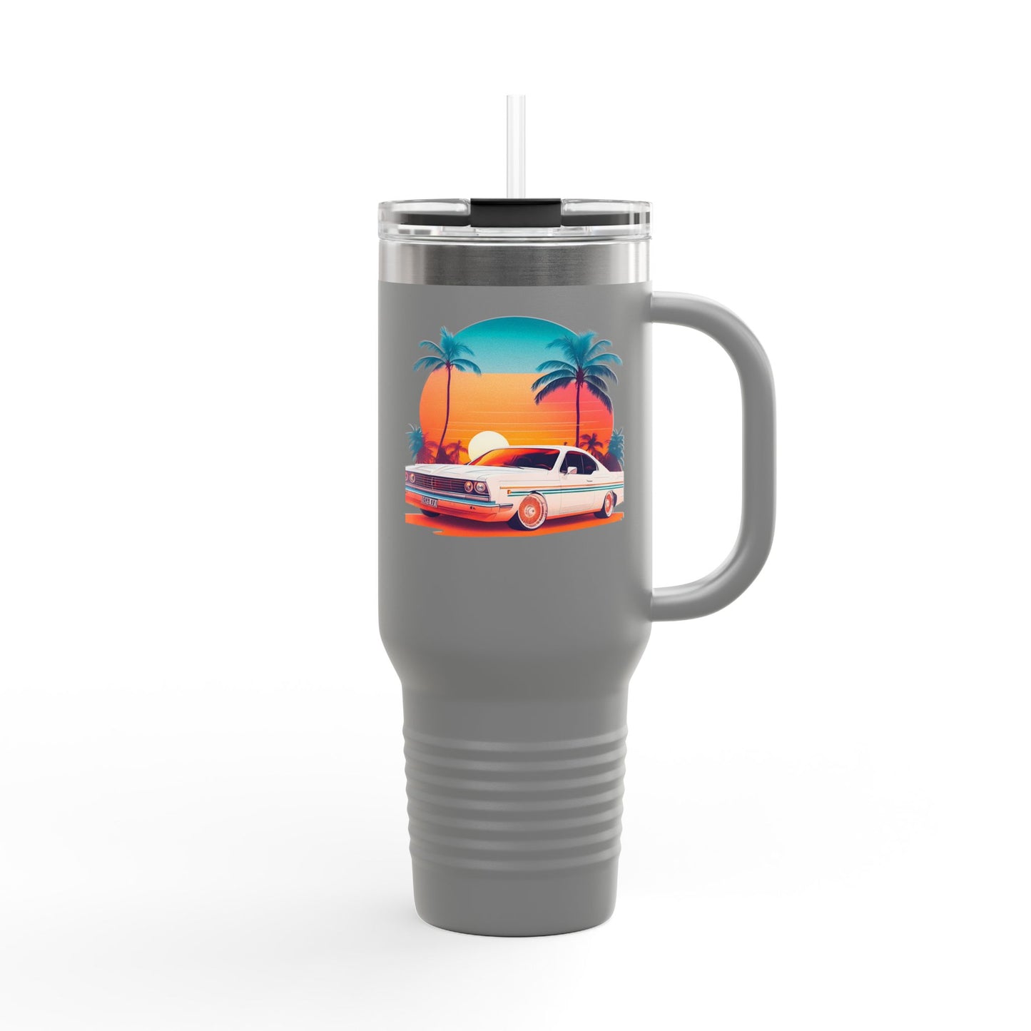 Classic Car Tropical Vibes Insulated Travel Mug - 40oz with Palm Trees and Sunset Design