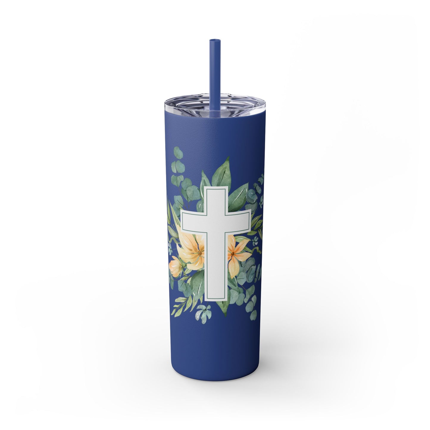 Floral Cross Skinny Tumbler with Straw, 20oz