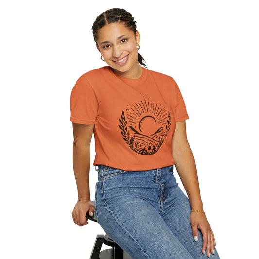 Unisex Garment-Dyed T-Shirt with Sunset and Floral Design - Relaxed Vibe for Nature Lovers
