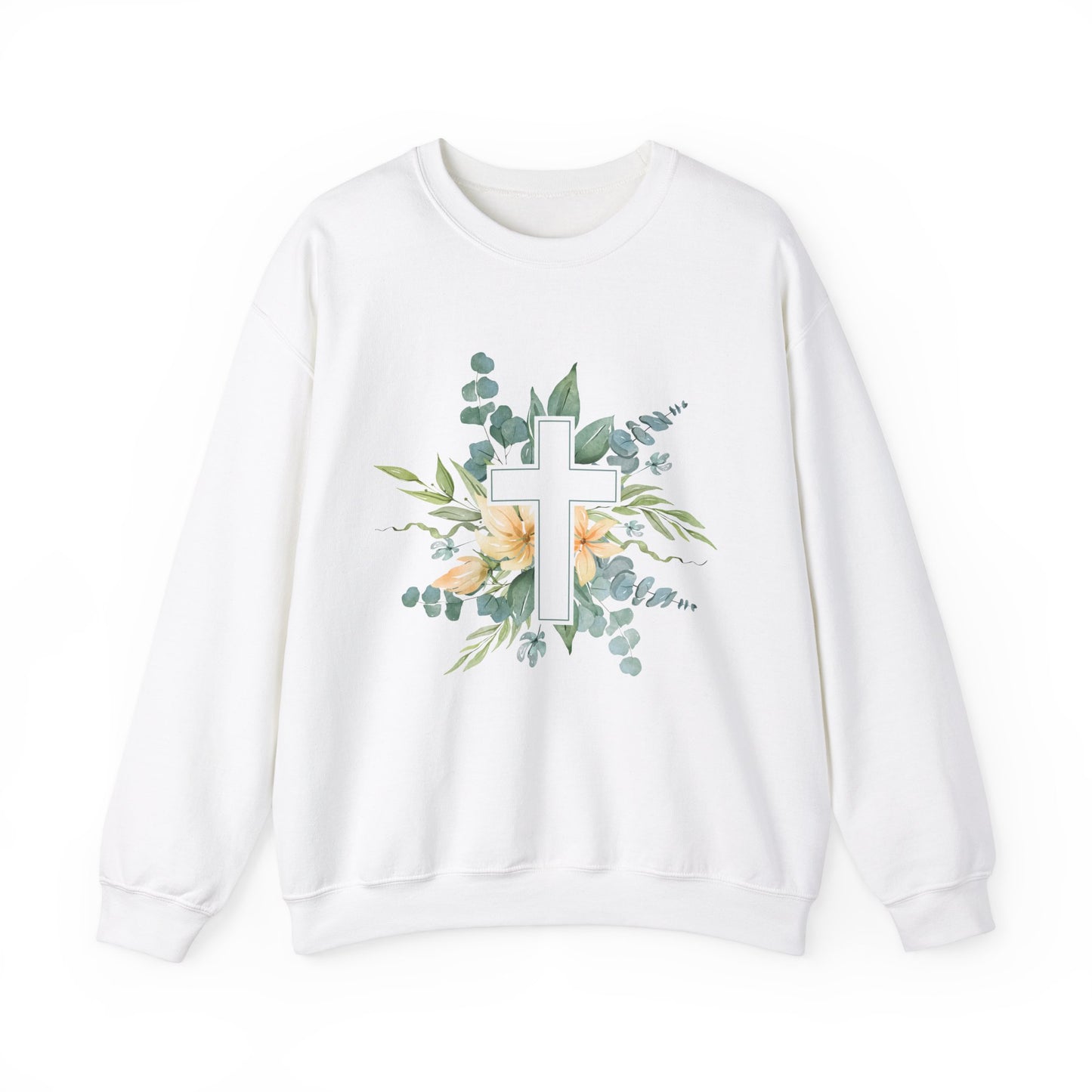 Floral Cross Sweatshirt - Unisex Heavy Blend™ Crewneck for Faith & Comfort