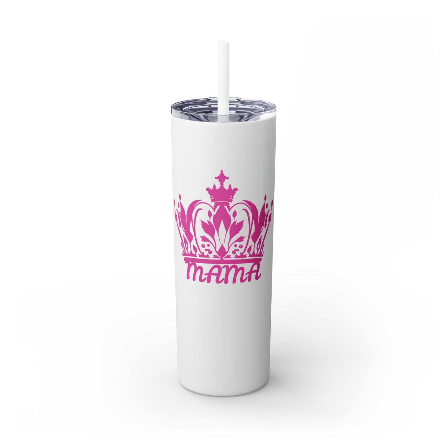 Pink Crown Pageant Mama Skinny Tumbler with Straw - 20oz Travel Mug for Moms