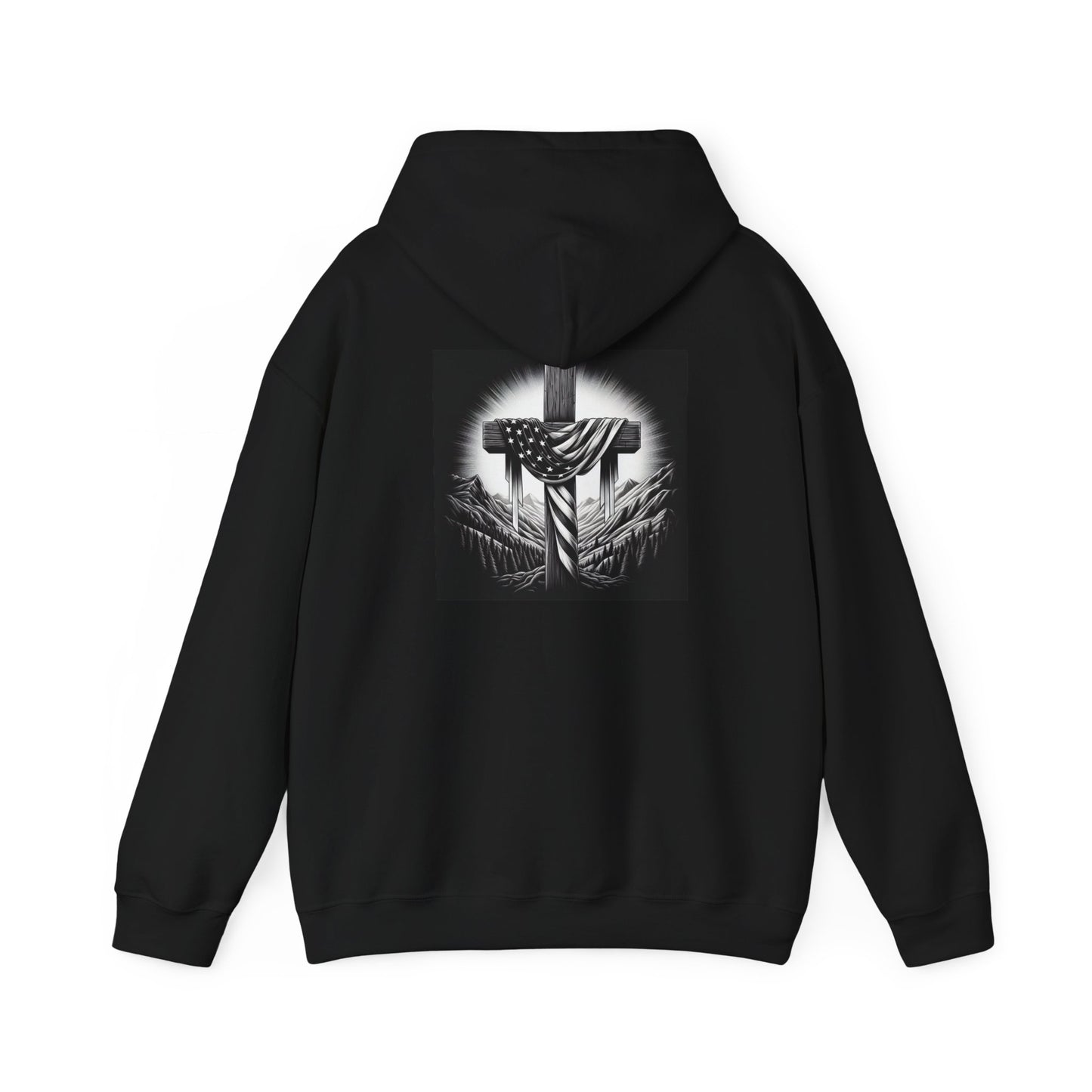 Patriotic Faith Hoodie - Unisex Heavy Blend™ Sweatshirt with Cross & American Flag Design