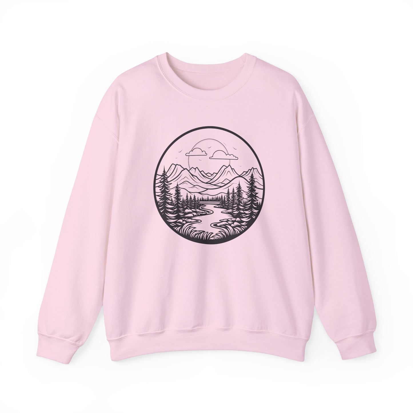 Nature-Inspired Unisex Crewneck Sweatshirt - Scenic Mountain and River Design