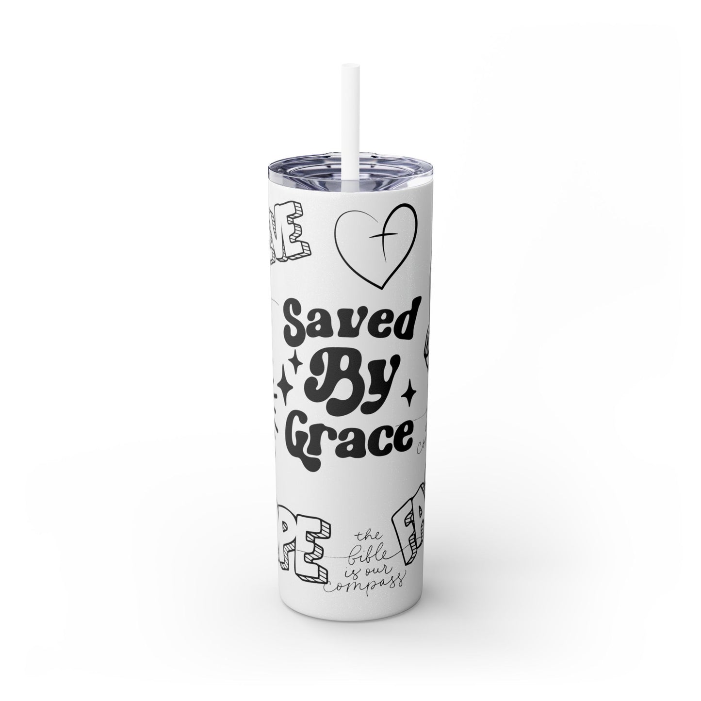 Saved By Grace Skinny Tumbler with Straw - 20oz Inspirational Drinkware