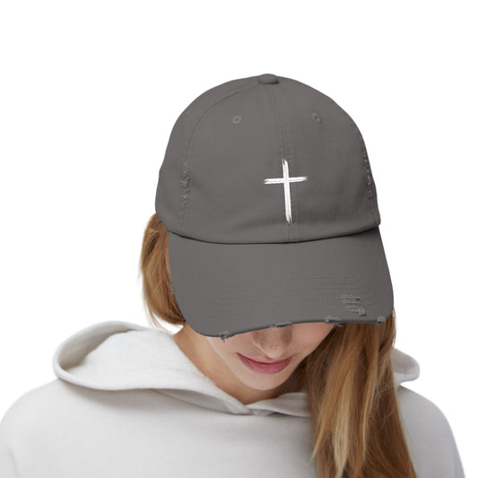 Distressed Cap with Cross Design - Trendy Faith-Inspired Hat