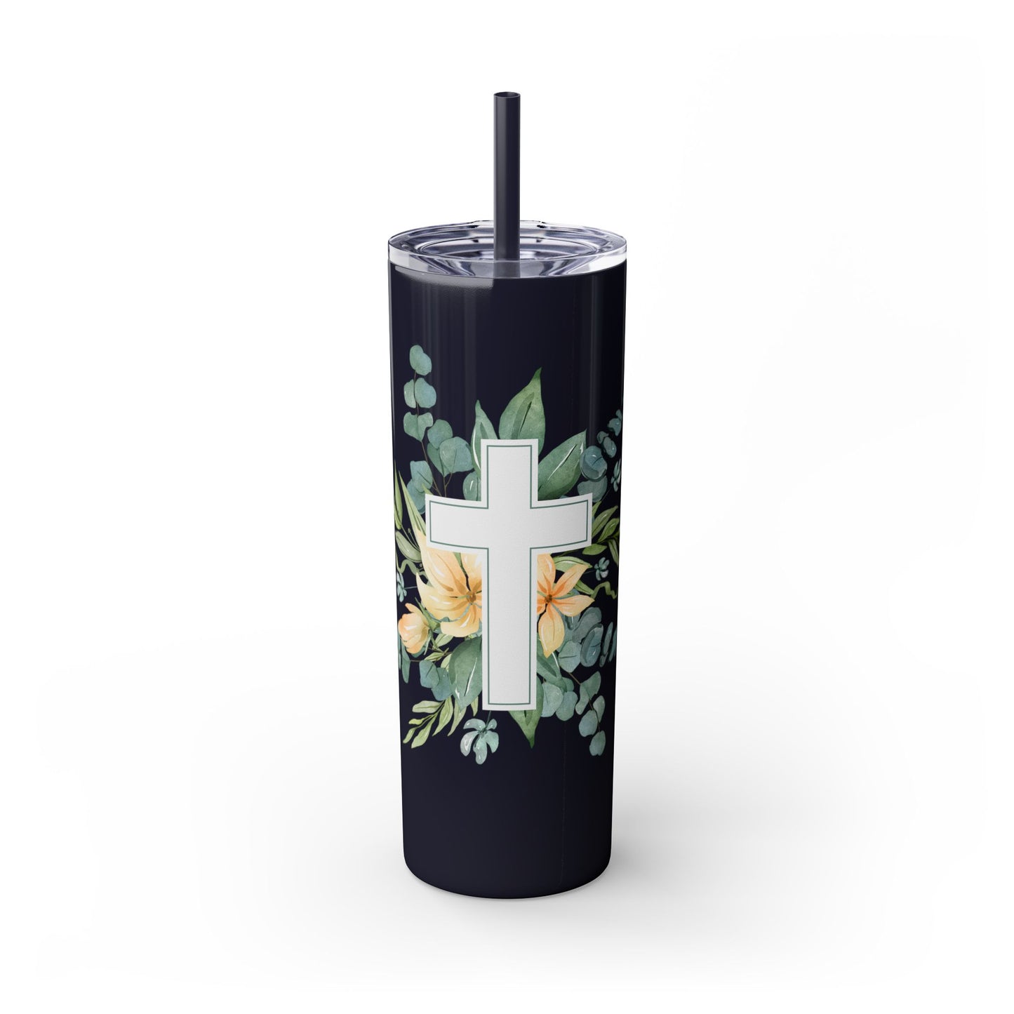 Floral Cross Skinny Tumbler with Straw, 20oz