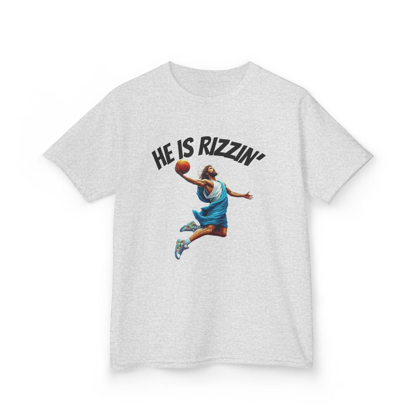 Kids Basketball Tee - "He Is Rizzin'" Heavy Cotton T-Shirt for Young Athletes