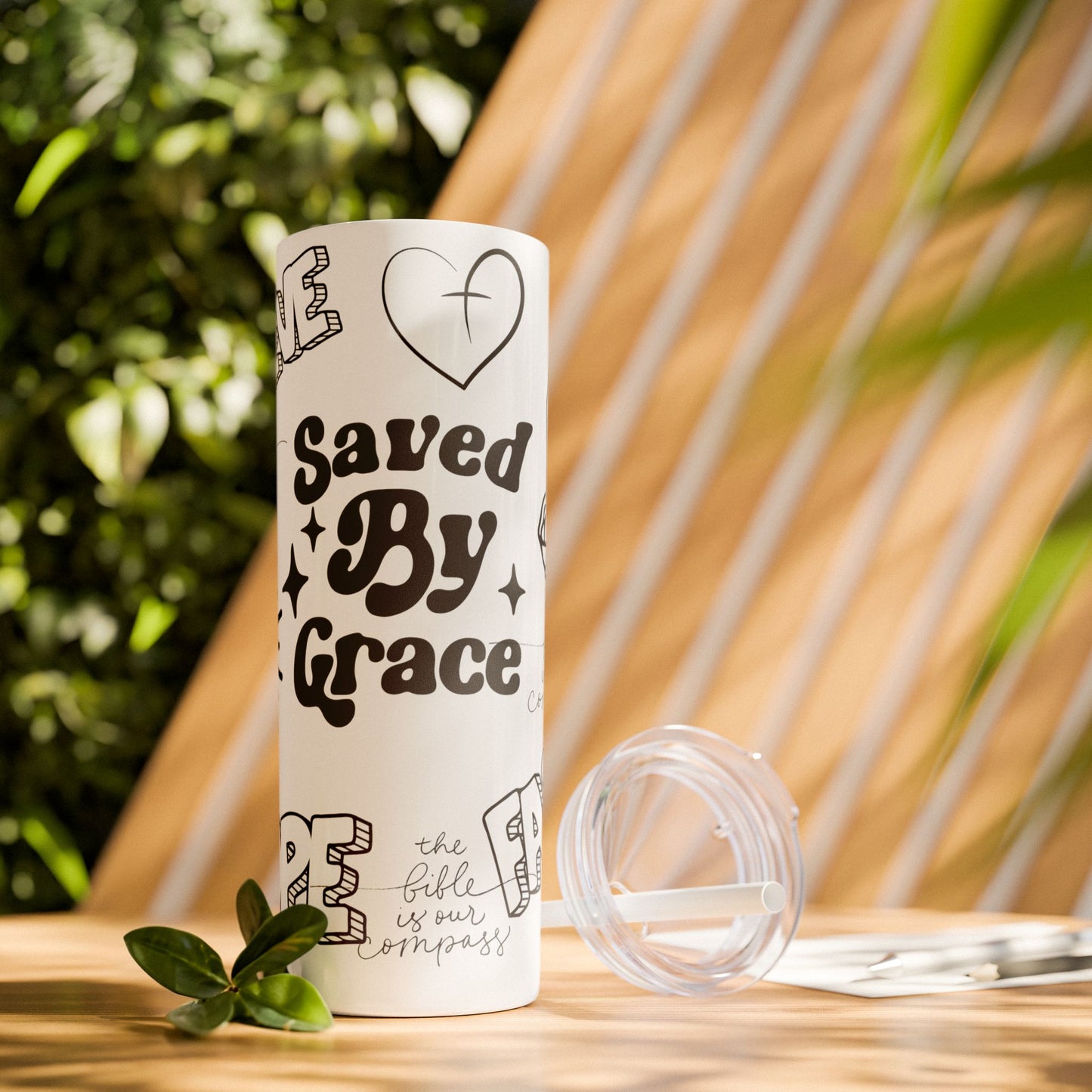 Saved By Grace Skinny Tumbler with Straw - 20oz Inspirational Drinkware