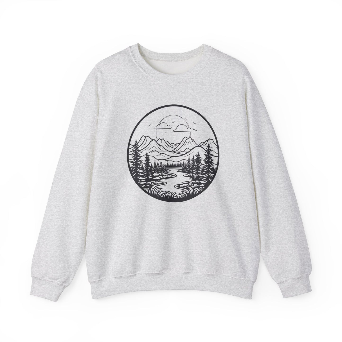 Nature-Inspired Unisex Crewneck Sweatshirt - Scenic Mountain and River Design