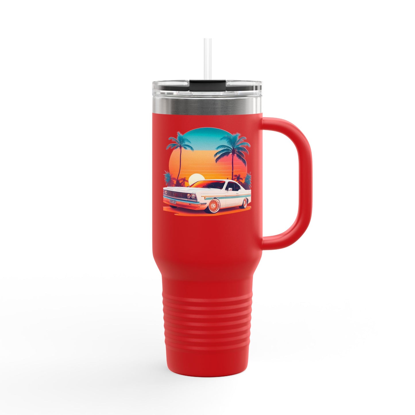 Classic Car Tropical Vibes Insulated Travel Mug - 40oz with Palm Trees and Sunset Design