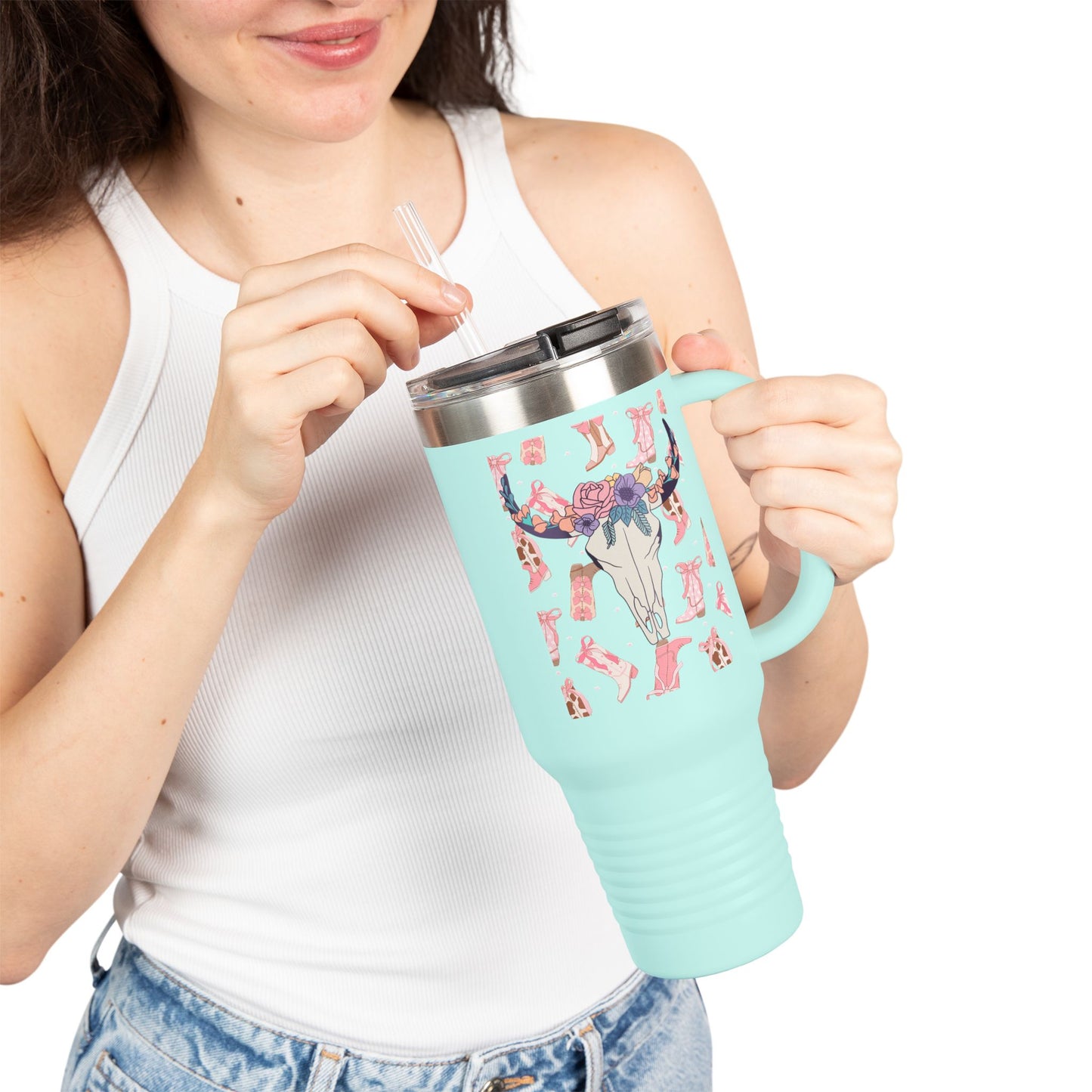 Boho Chic Insulated Travel Mug - 40oz with Floral Skull Design
